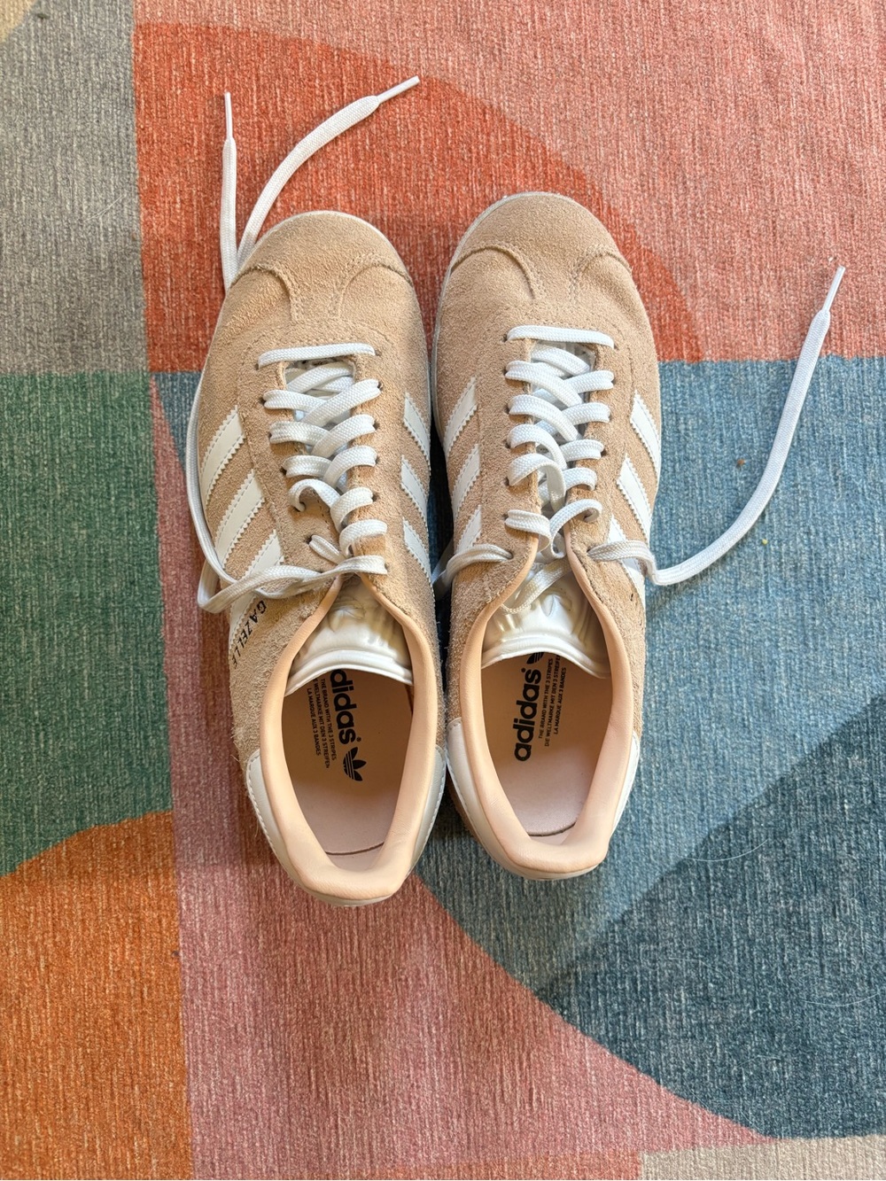 adidas gazelle pinkish- Beige Suede Sneakers with White Stripes
